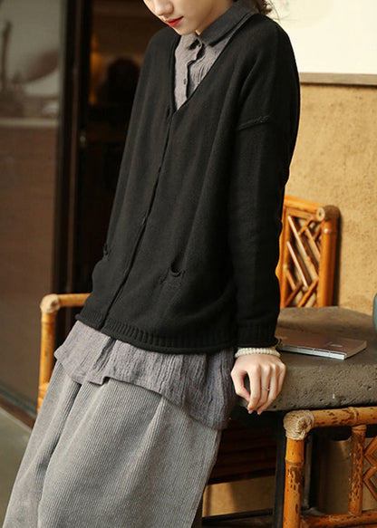 Black Button Pockets Patchwork Knit Cardigan Fall