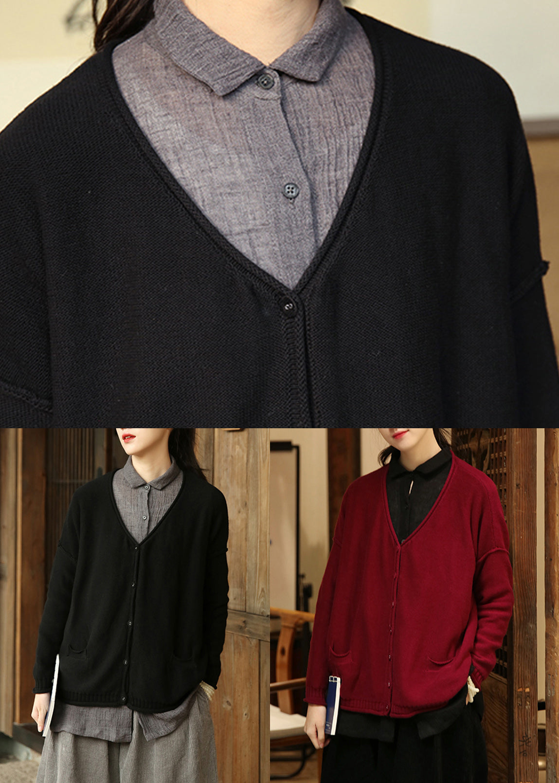 Black Button Pockets Patchwork Knit Cardigan Fall