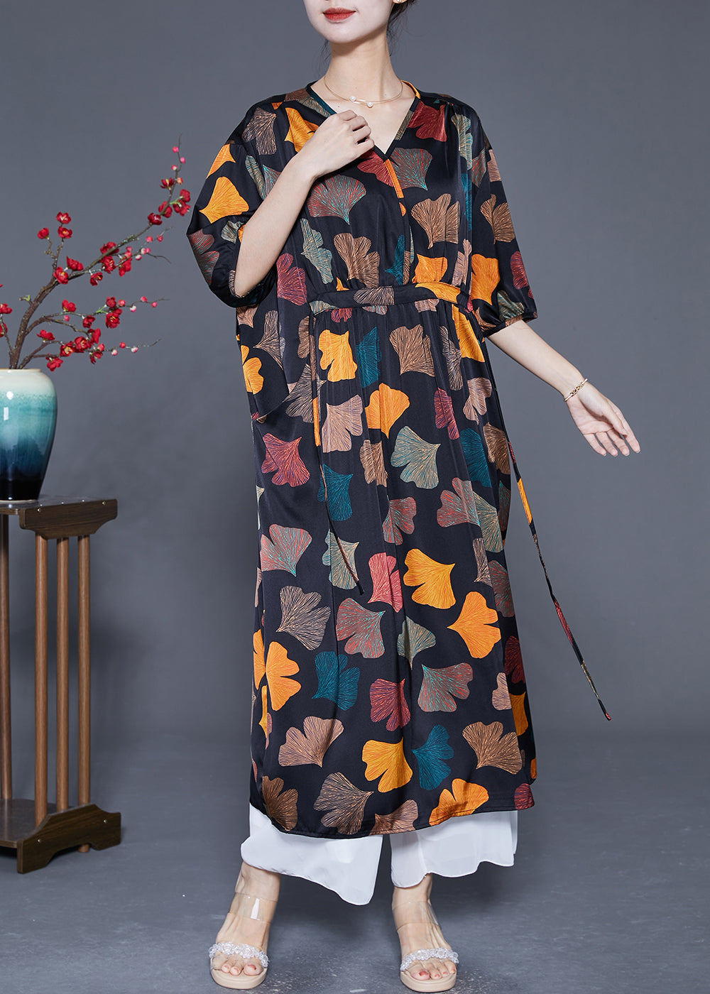 Black Cinched Leaf Print Silk Long Dress Summer