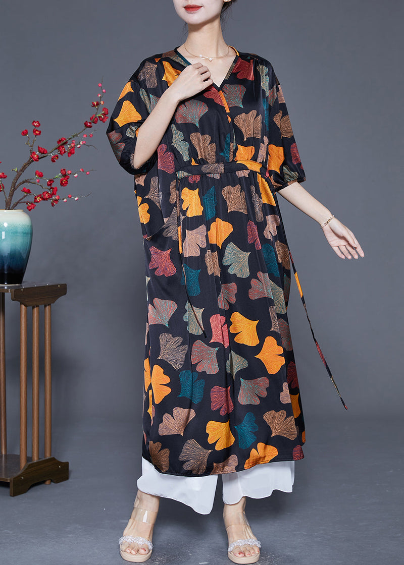 Black Cinched Leaf Print Silk Long Dress Summer