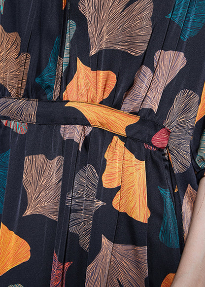 Black Cinched Leaf Print Silk Long Dress Summer