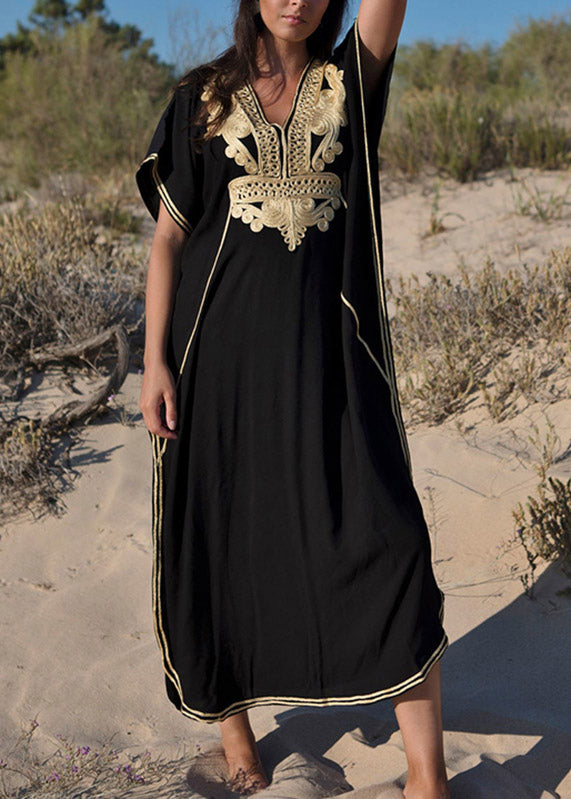 Black Embroidered Kaftan Tunic Maxi Beach Dress Short Sleeve