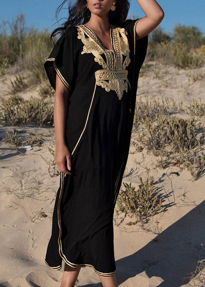 Black Embroidered Kaftan Tunic Maxi Beach Dress Short Sleeve