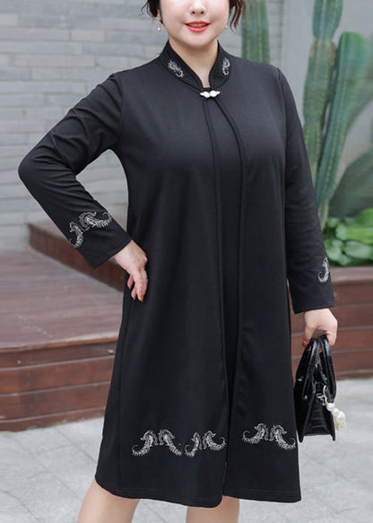 Black Embroideried False Two Pieces Cotton Mid Dresses Fall