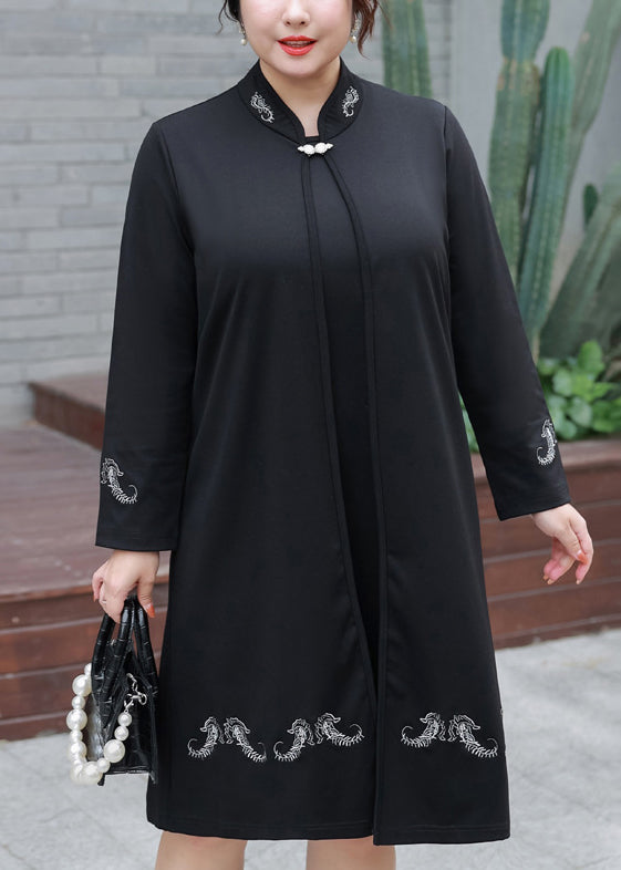 Black Embroideried False Two Pieces Cotton Mid Dresses Fall