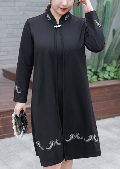 Black Embroideried False Two Pieces Cotton Mid Dresses Fall