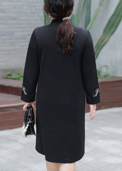Black Embroideried False Two Pieces Cotton Mid Dresses Fall