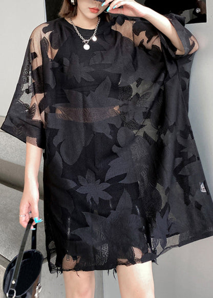 Black Embroideried Hollow Out Patchwork Lace Mid Dress Half Sleeve
