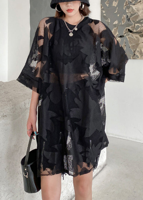 Black Embroideried Hollow Out Patchwork Lace Mid Dress Half Sleeve