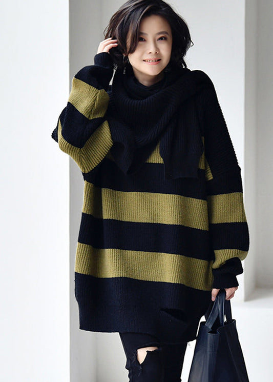 Black Green Colour O-neck Striped Patchwork Cotton Knit Sweaters Fall