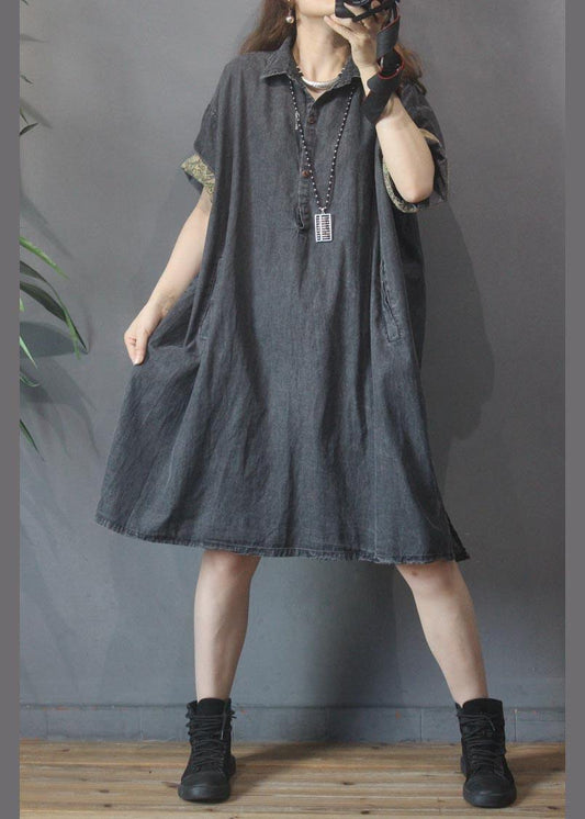 Black Grey Turn-down Collar Button Summer Maxi Dresses