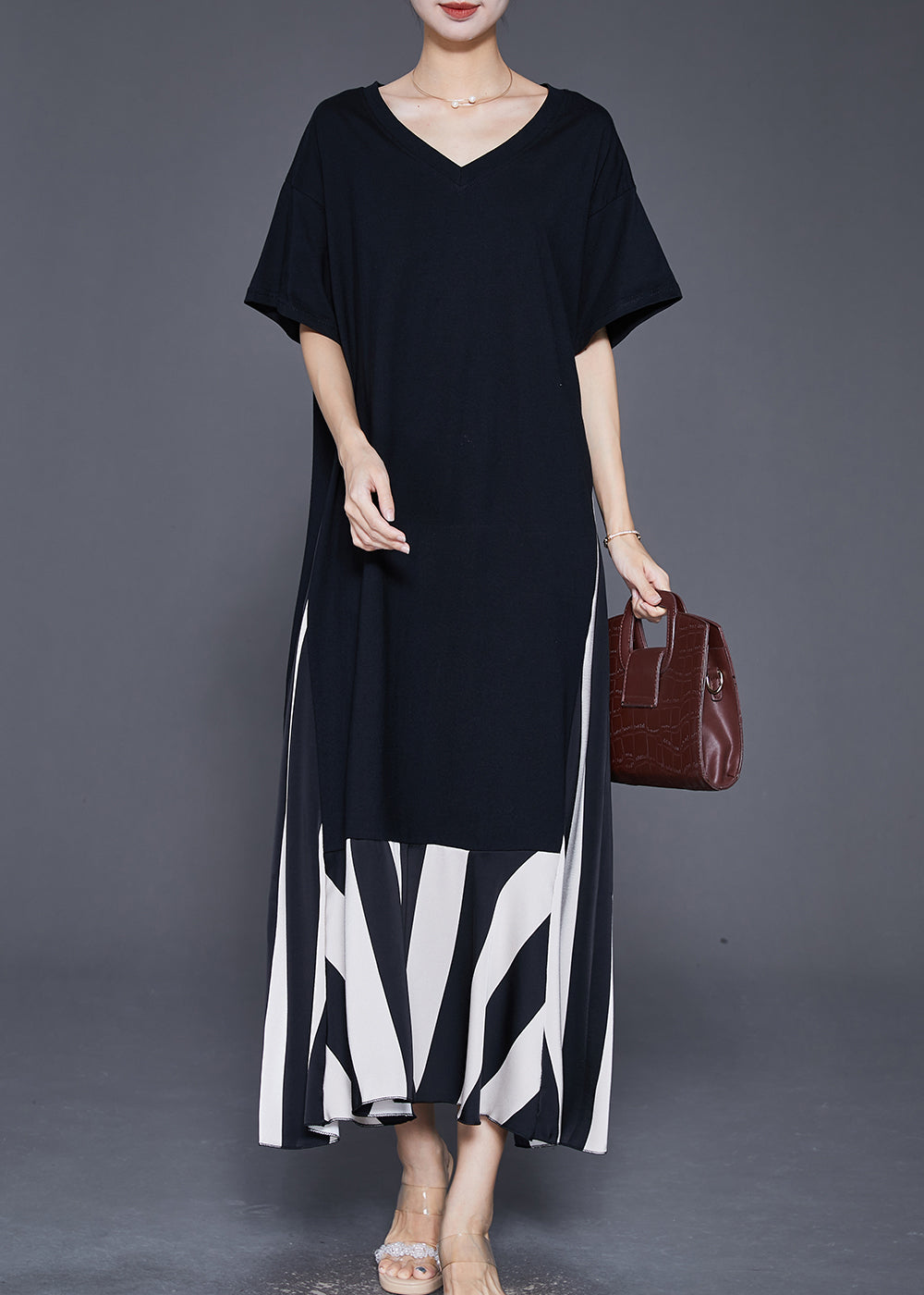 Black Heart Neck Patchwork Cotton Fake Two Piece Dress Summer
