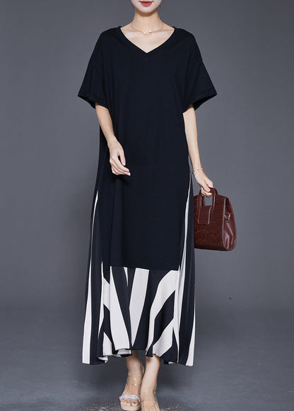 Black Heart Neck Patchwork Cotton Fake Two Piece Dress Summer