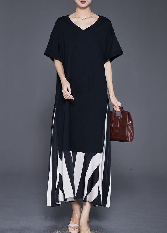 Black Heart Neck Patchwork Cotton Fake Two Piece Dress Summer