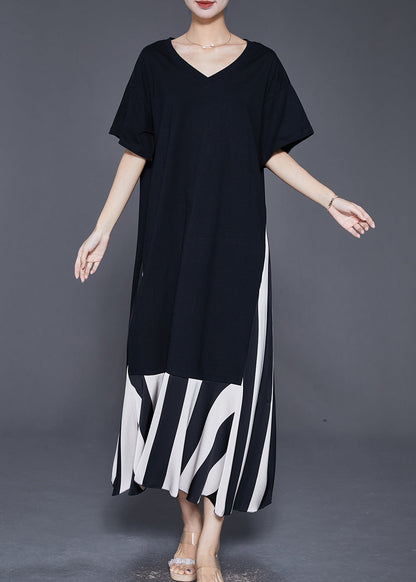 Black Heart Neck Patchwork Cotton Fake Two Piece Dress Summer