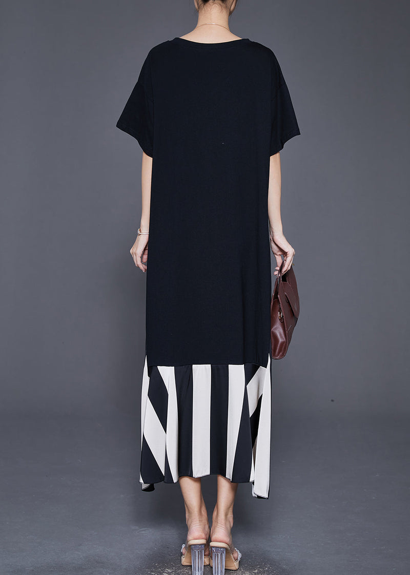 Black Heart Neck Patchwork Cotton Fake Two Piece Dress Summer