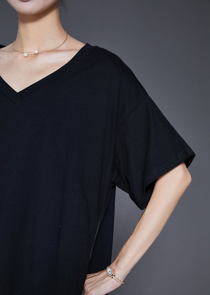 Black Heart Neck Patchwork Cotton Fake Two Piece Dress Summer