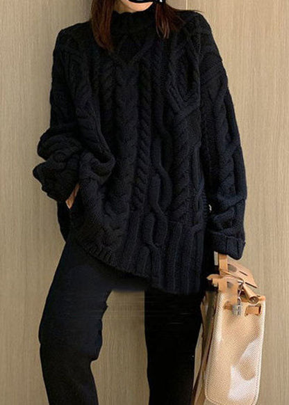 Black High Neck Oversized Cable Knit Sweater Tops Winter