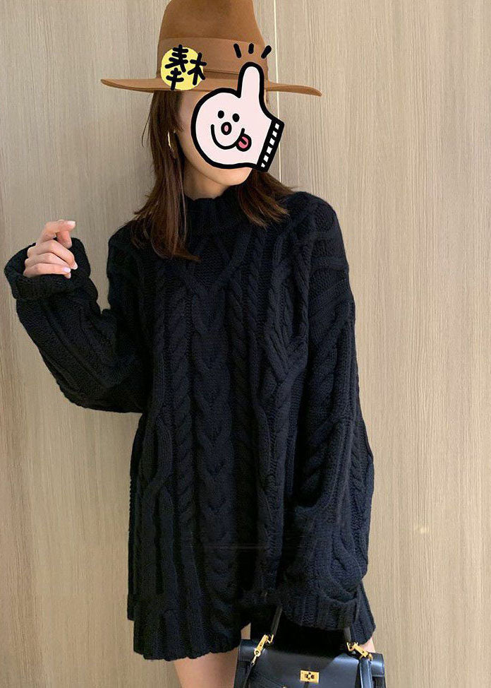Black High Neck Oversized Cable Knit Sweater Tops Winter