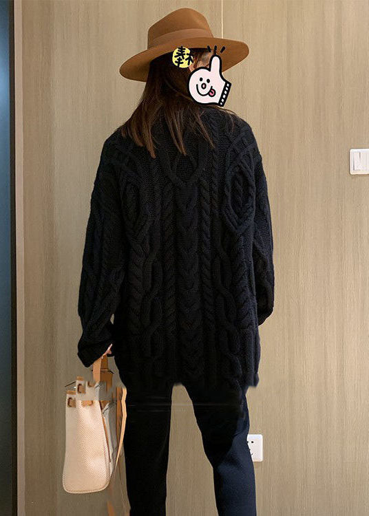 Black High Neck Oversized Cable Knit Sweater Tops Winter
