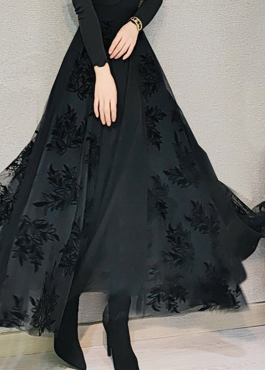 Black High Waist Draping Tulle Maxi Skirt Spring