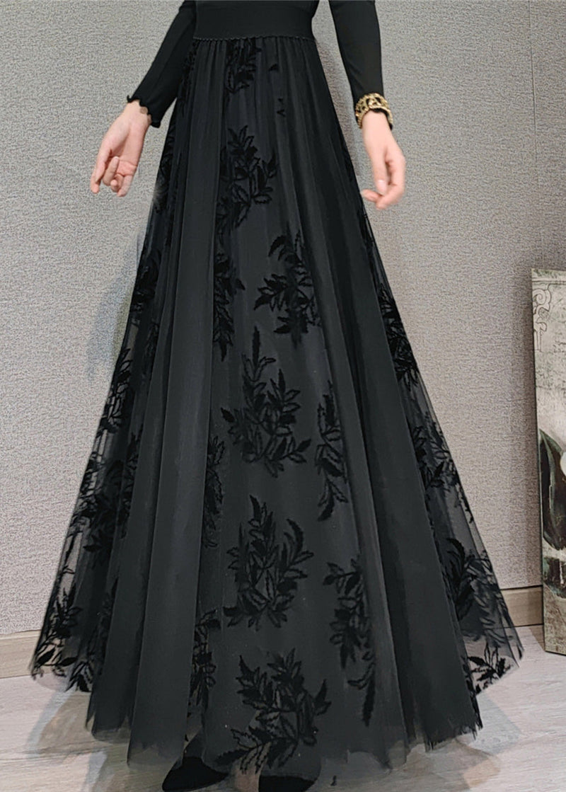 Black High Waist Draping Tulle Maxi Skirt Spring