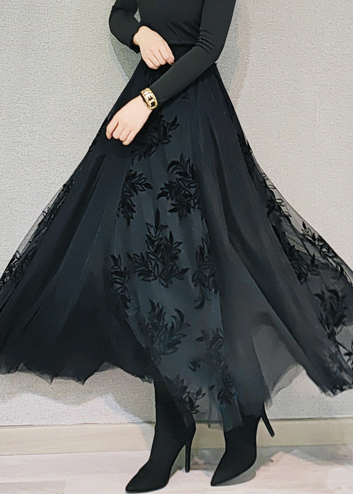 Black High Waist Draping Tulle Maxi Skirt Spring