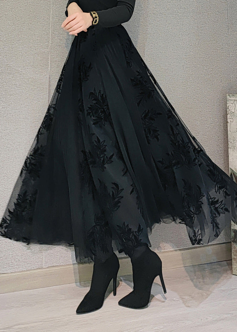 Black High Waist Draping Tulle Maxi Skirt Spring