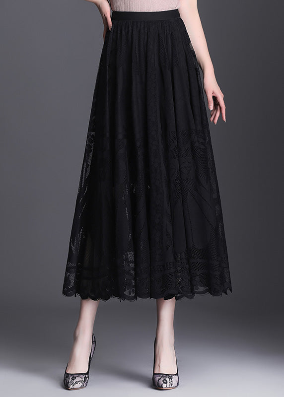 Black High Waist Lace Patchwork Hollow Out Tulle Maxi Skirt Spring