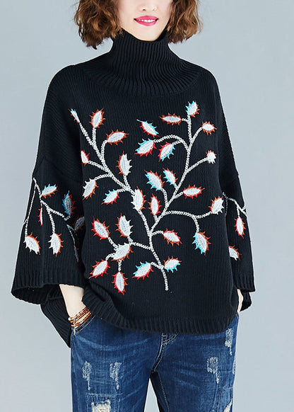 Black Hign Neck Embroideried Knit Short Sweater Spring