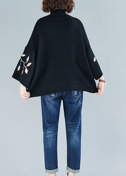 Black Hign Neck Embroideried Knit Short Sweater Spring