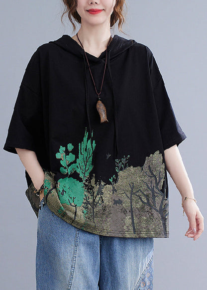 Black Hooded Print Cotton Sweatshirt Summer