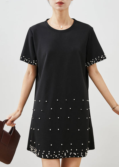 Black Nail Bead Cotton Mid Dress Summer