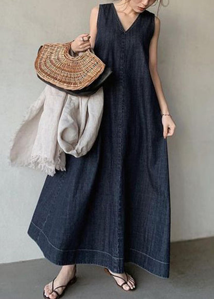 Black Necek Tie Patchwork Holiday Maxi Denim Dress Sleeveless