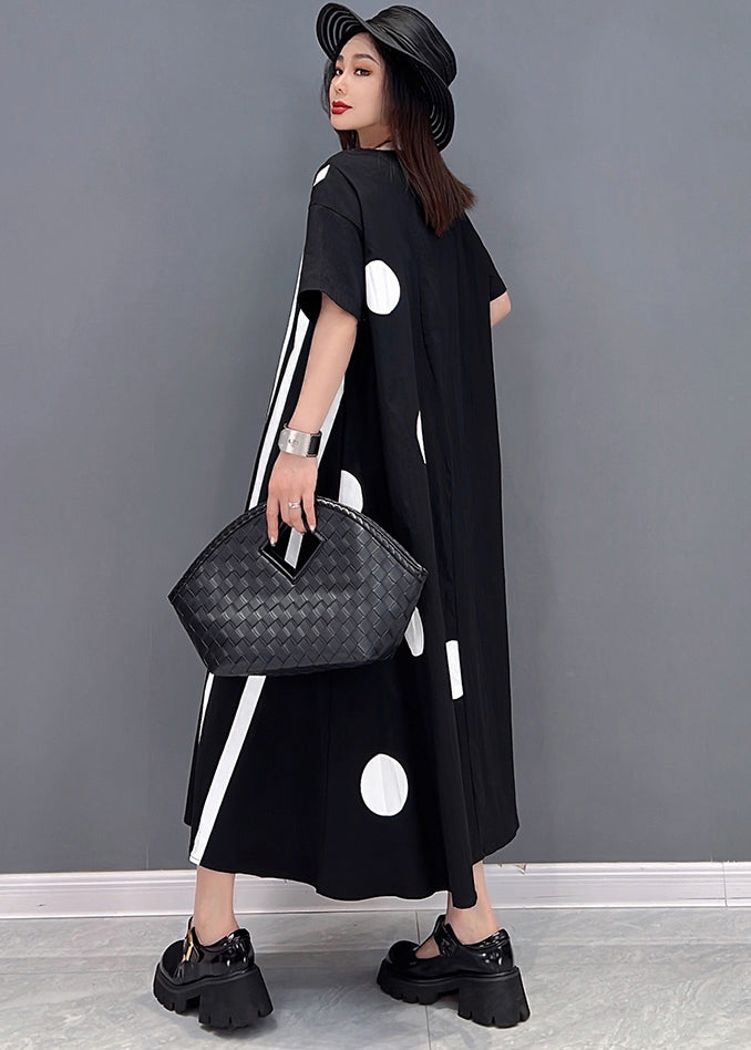 Black O-neck Asymmetrical Cotton Maxi Dresses Short Sleeve