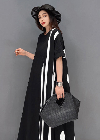 Black O-neck Asymmetrical Cotton Maxi Dresses Short Sleeve