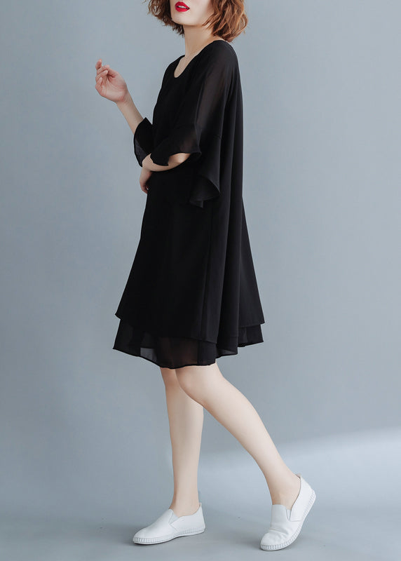 Black O-neck Chiffon Holiday Dresses Flare Sleeve