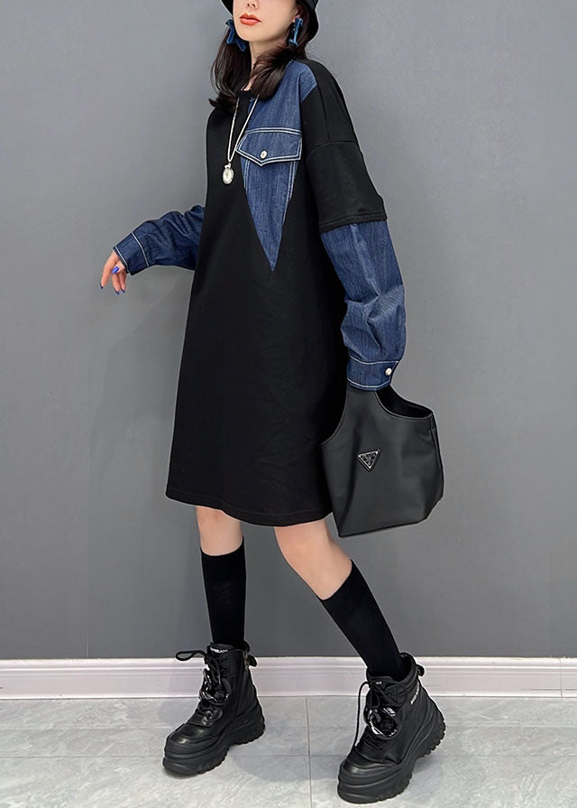 Black O-neck Denim Patchwork Cotton Robe Dresses Fall