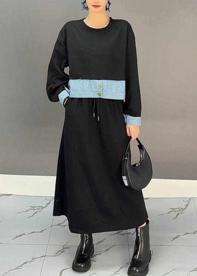 Black O-neck Denim Patchwork Pockets Maxi Dresses Spring