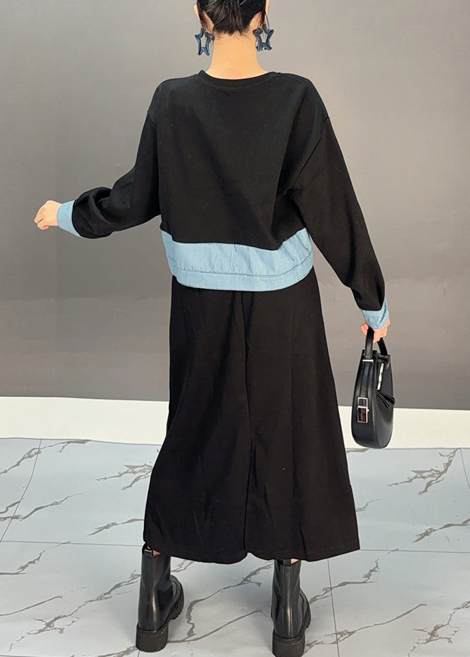 Black O-neck Denim Patchwork Pockets Maxi Dresses Spring