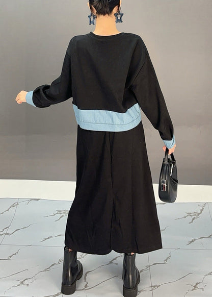 Black O-neck Denim Patchwork Pockets Maxi Dresses Spring