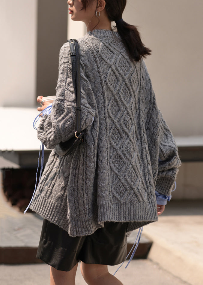 Black O Neck Drawstring Cotton Knit Sweaters Fall