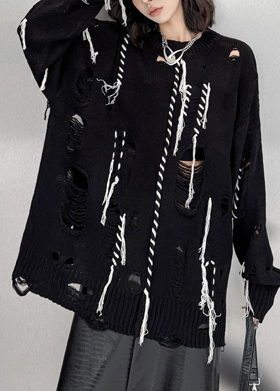 Black O-neck Hole Cozy Cotton Knit Sweater Tops Fall