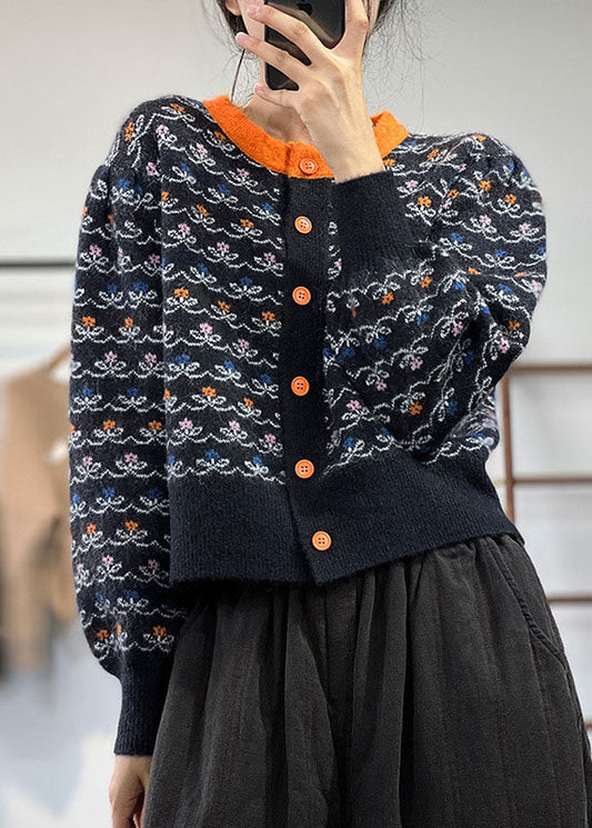 Black O-neck Jacquard Patchwork Knit Cardigans Winter