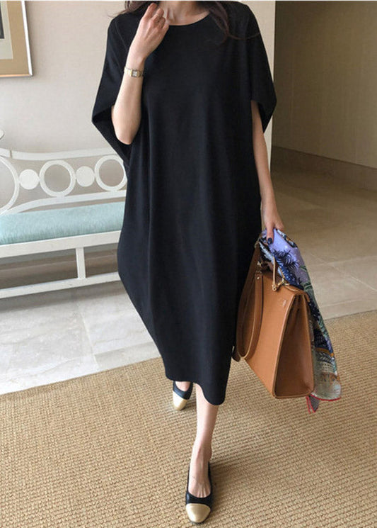 Black O-neck Linen Long Dress Batwing Sleeve