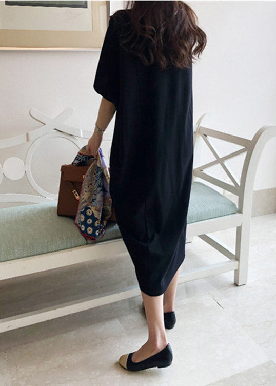 Black O-neck Linen Long Dress Batwing Sleeve