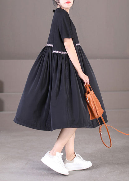 Black O-neck Oversized Letter Applique Pleated Dress Summer