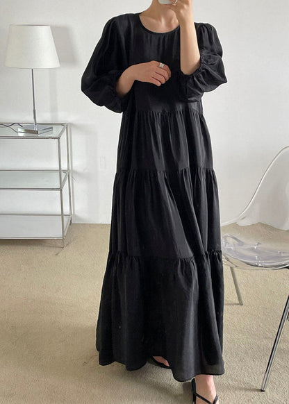 Black O-neck Patchwork Backless Cotton Maxi Dress Bracelet Sleeve