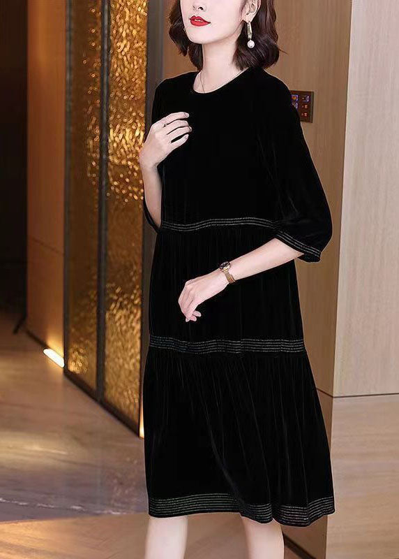 Black O-neck Patchwork Silk Velour Dresses Half Sleeve