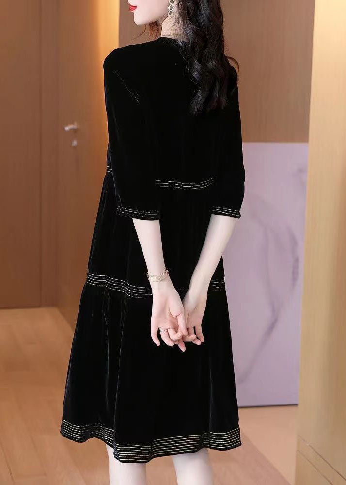 Black O-neck Patchwork Silk Velour Dresses Half Sleeve
